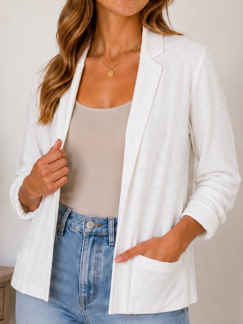 Chico’s White Open Front Knit Blazer Cardigan Jacket Size Large (Chico’s 2)